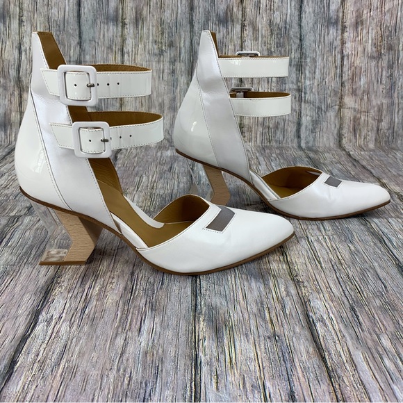 John Fluevog Modern Living Slant White Ankle Strap Heels, 9.5 - Picture 4 of 16